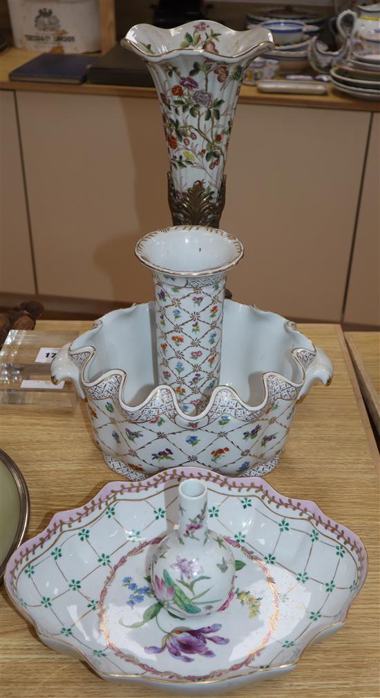 A metal and ceramic epergne, a planter, a dish and two vases